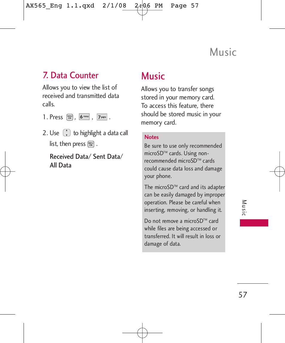 Music, Data counter | LG LGAX565 User Manual | Page 57 / 121