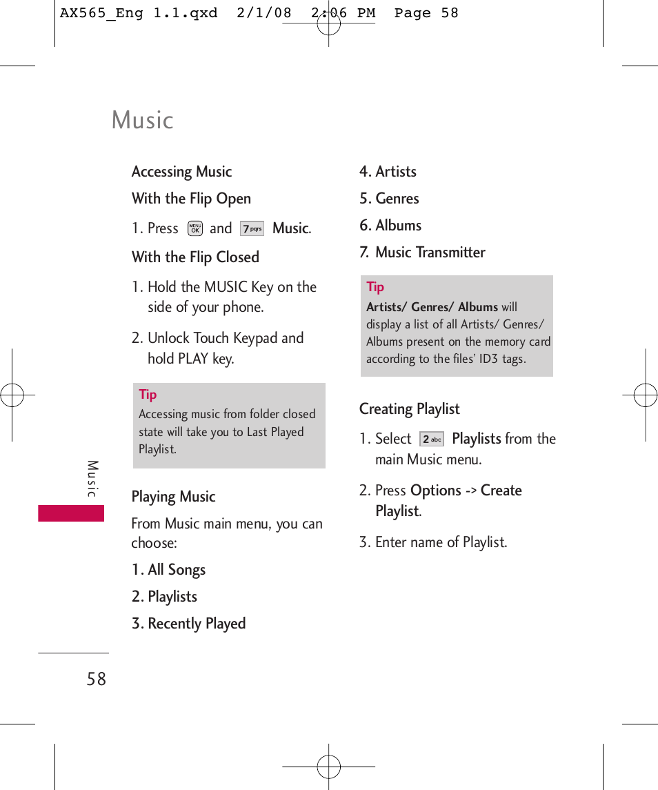 Music | LG LGAX565 User Manual | Page 58 / 121