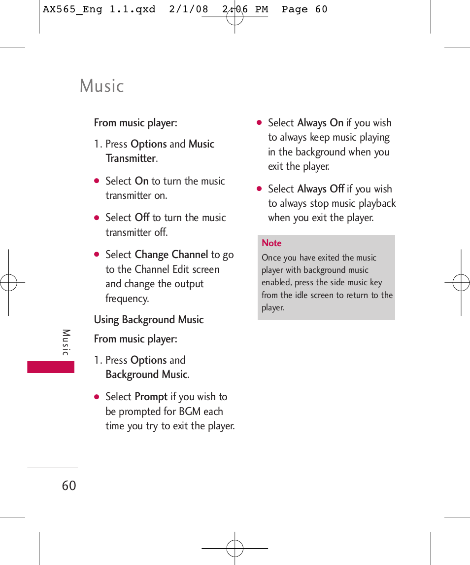 Music | LG LGAX565 User Manual | Page 60 / 121