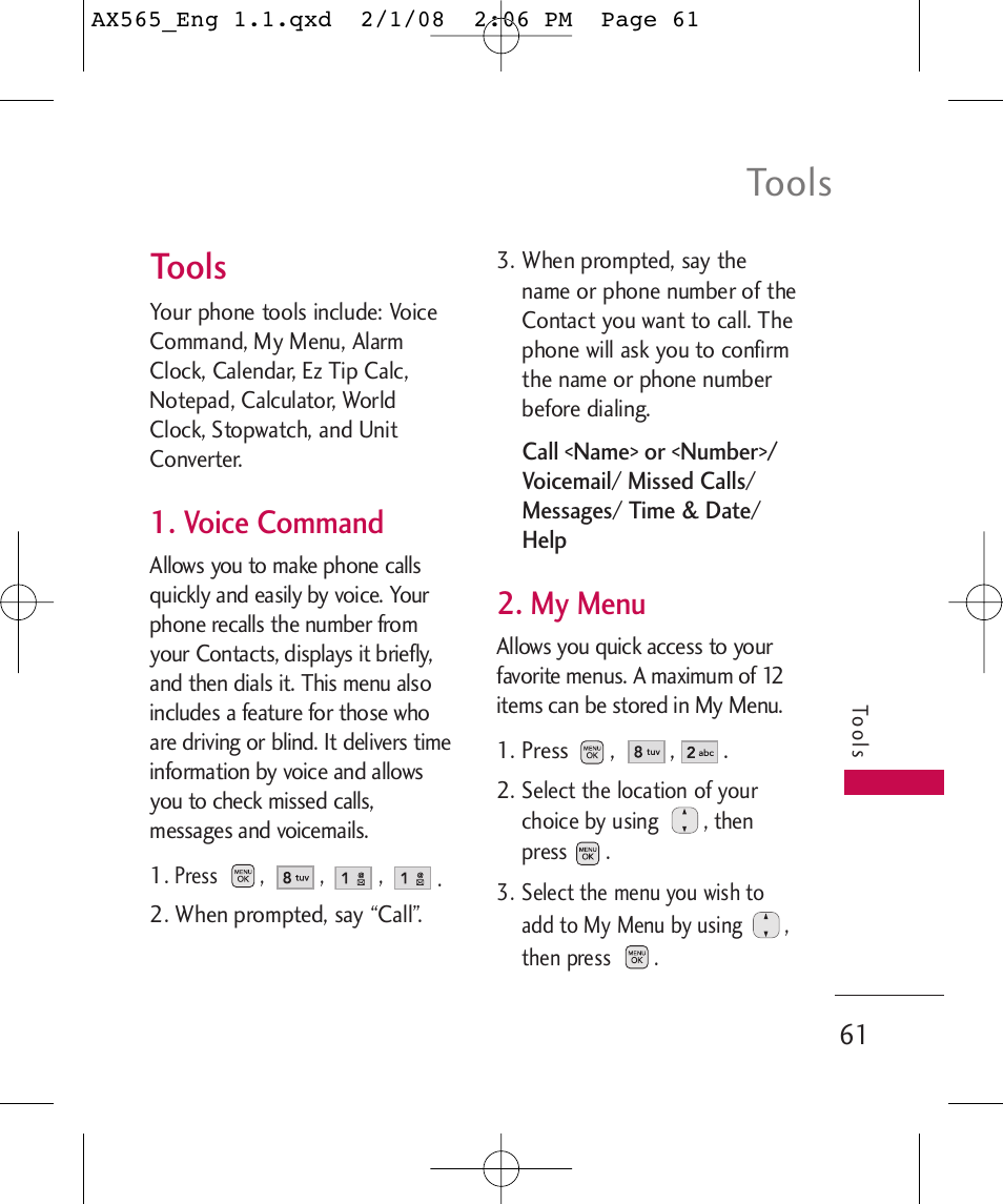 Tools, Voice command, My menu | LG LGAX565 User Manual | Page 61 / 121