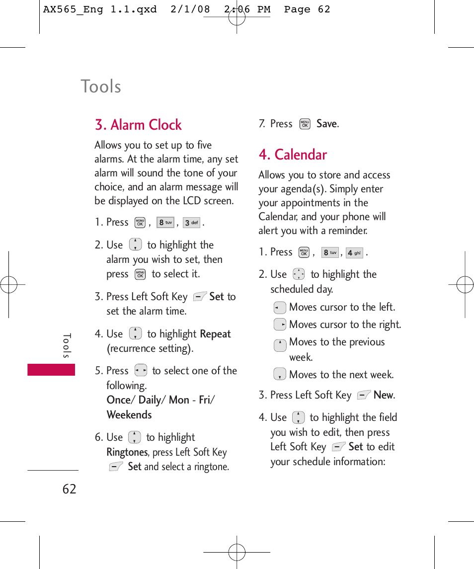 Tools, Alarm clock, Calendar | LG LGAX565 User Manual | Page 62 / 121