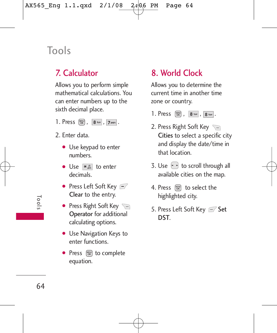 Tools, Calculator, World clock | LG LGAX565 User Manual | Page 64 / 121