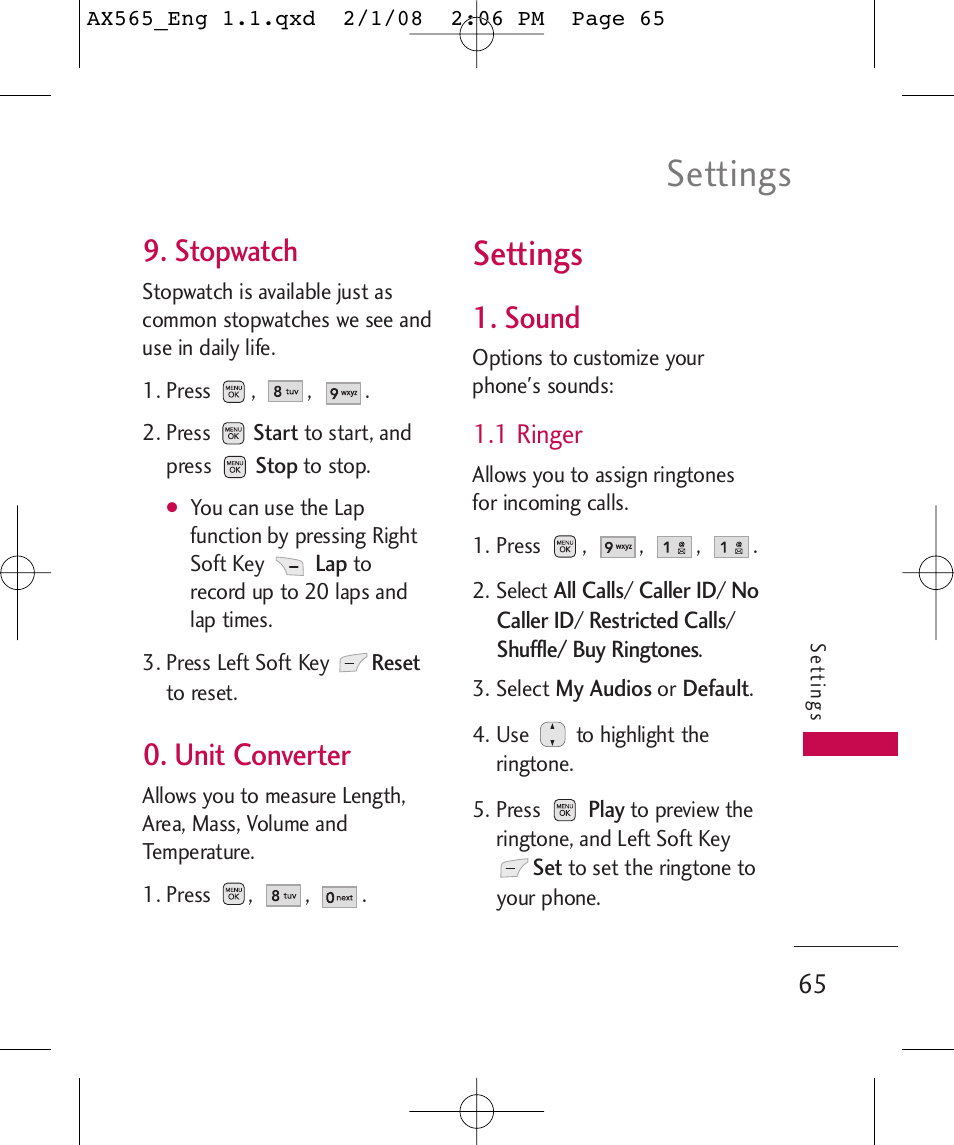 Settings, Stopwatch, Unit converter | Sound, 1 ringer | LG LGAX565 User Manual | Page 65 / 121