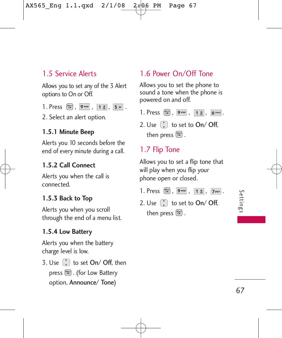 5 service alerts, 6 power on/off tone, 7 flip tone | LG LGAX565 User Manual | Page 67 / 121