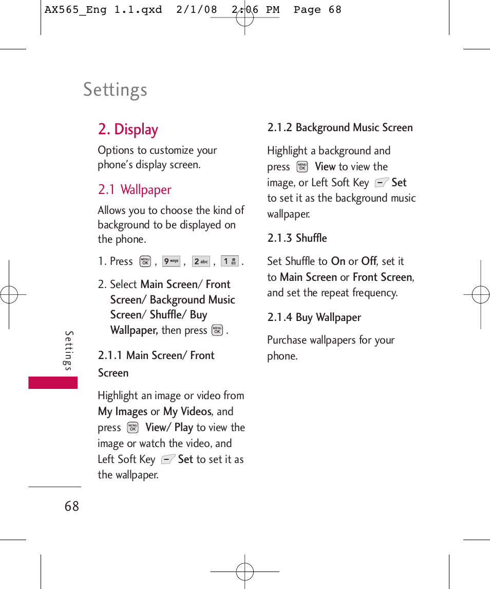 Settings, Display, 1 wallpaper | LG LGAX565 User Manual | Page 68 / 121