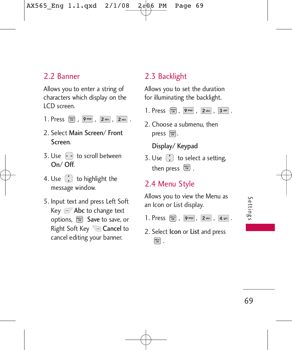 2 banner, 3 backlight, 4 menu style | LG LGAX565 User Manual | Page 69 / 121