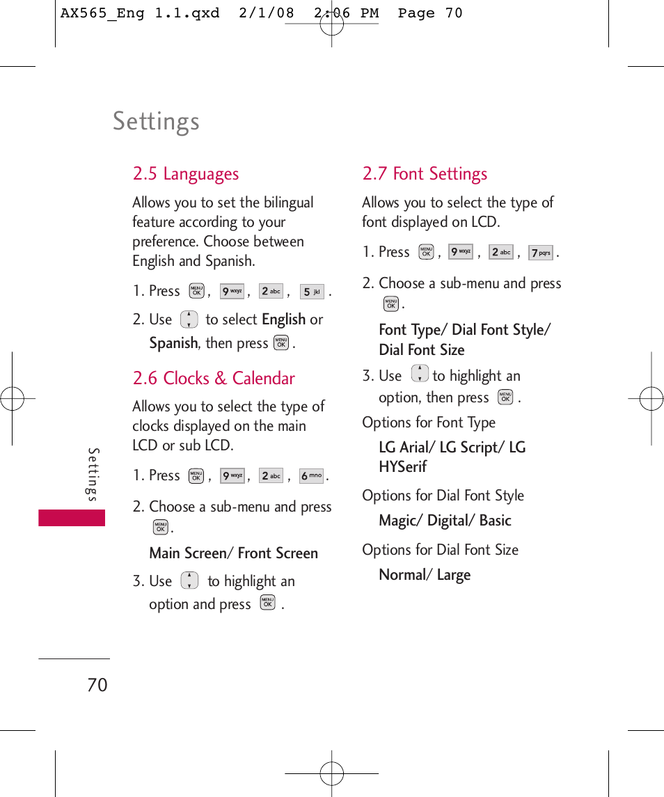 Settings, 5 languages, 6 clocks & calendar | 7 font settings | LG LGAX565 User Manual | Page 70 / 121