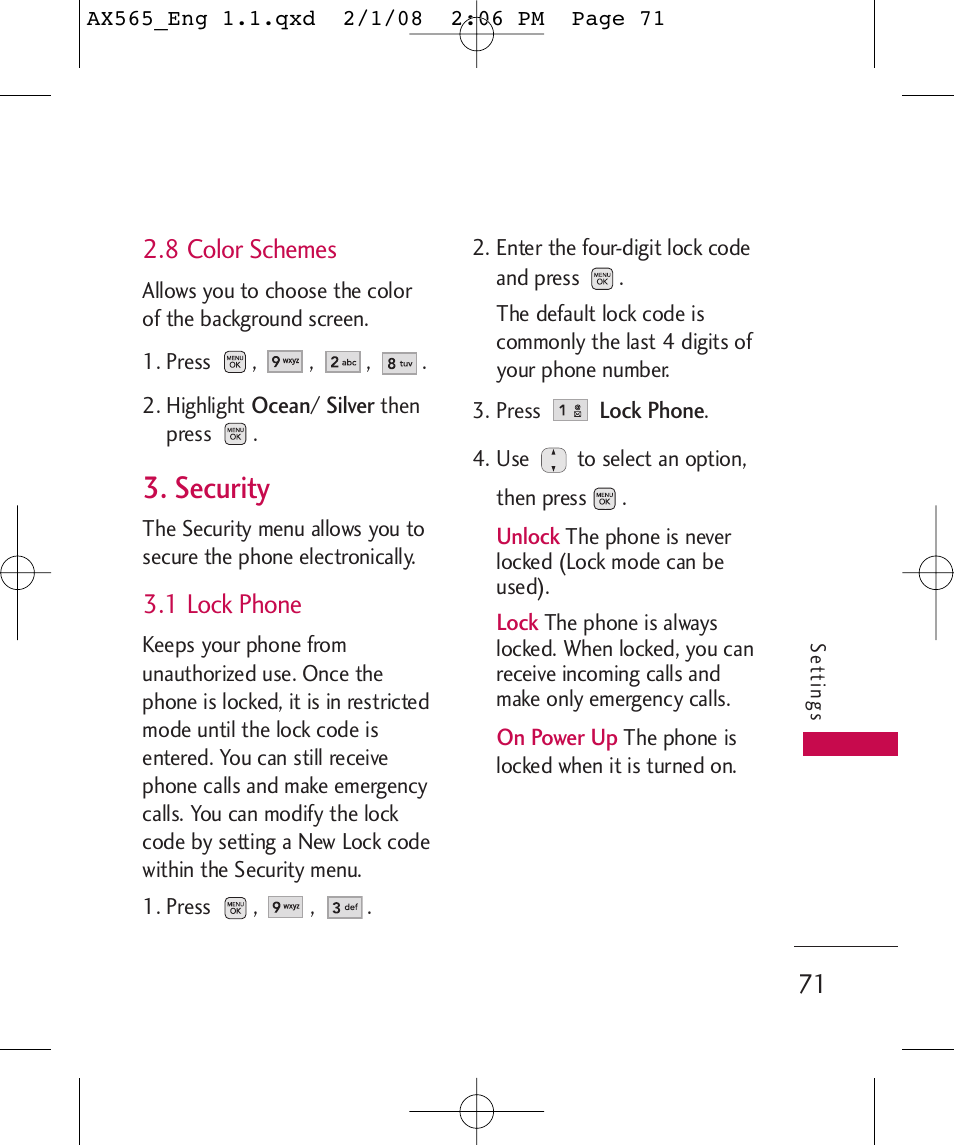 Security, 8 color schemes, 1 lock phone | LG LGAX565 User Manual | Page 71 / 121