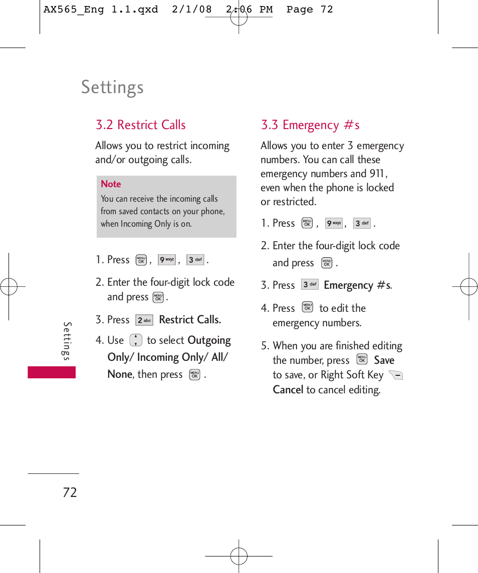 Settings, 2 restrict calls, 3 emergency #s | LG LGAX565 User Manual | Page 72 / 121