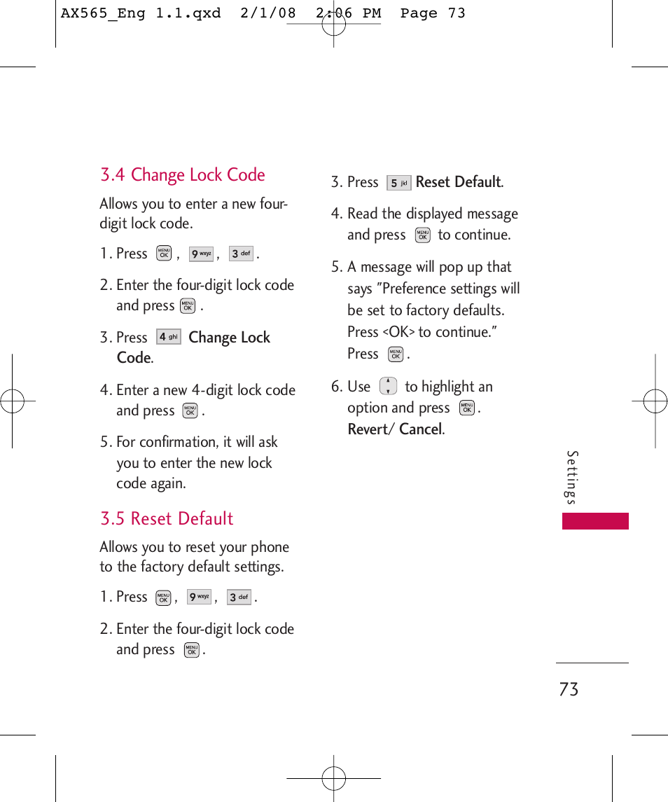 4 change lock code, 5 reset default | LG LGAX565 User Manual | Page 73 / 121