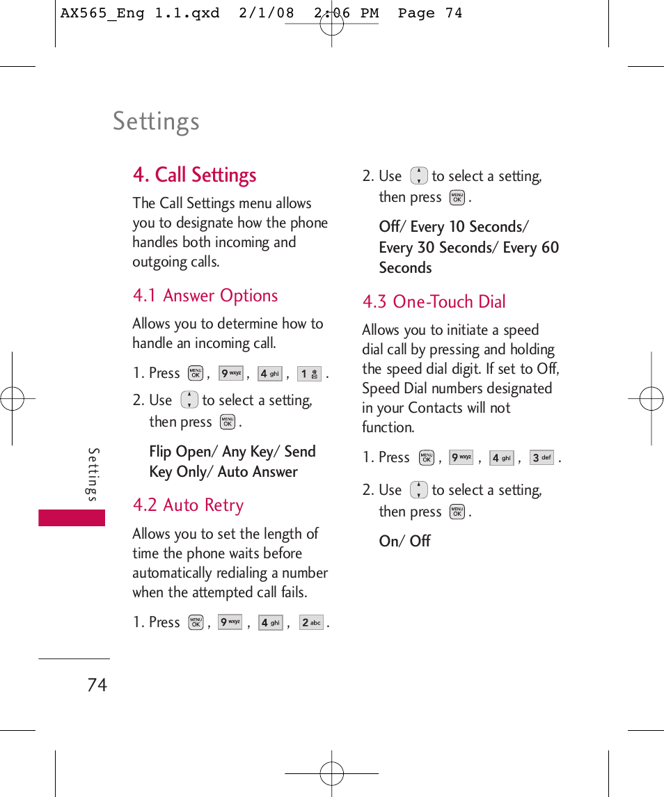 Settings, Call settings, 1 answer options | 2 auto retry, 3 one-touch dial | LG LGAX565 User Manual | Page 74 / 121