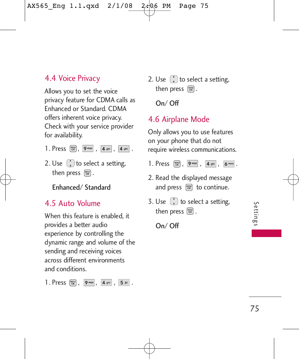 4 voice privacy, 5 auto volume, 6 airplane mode | LG LGAX565 User Manual | Page 75 / 121