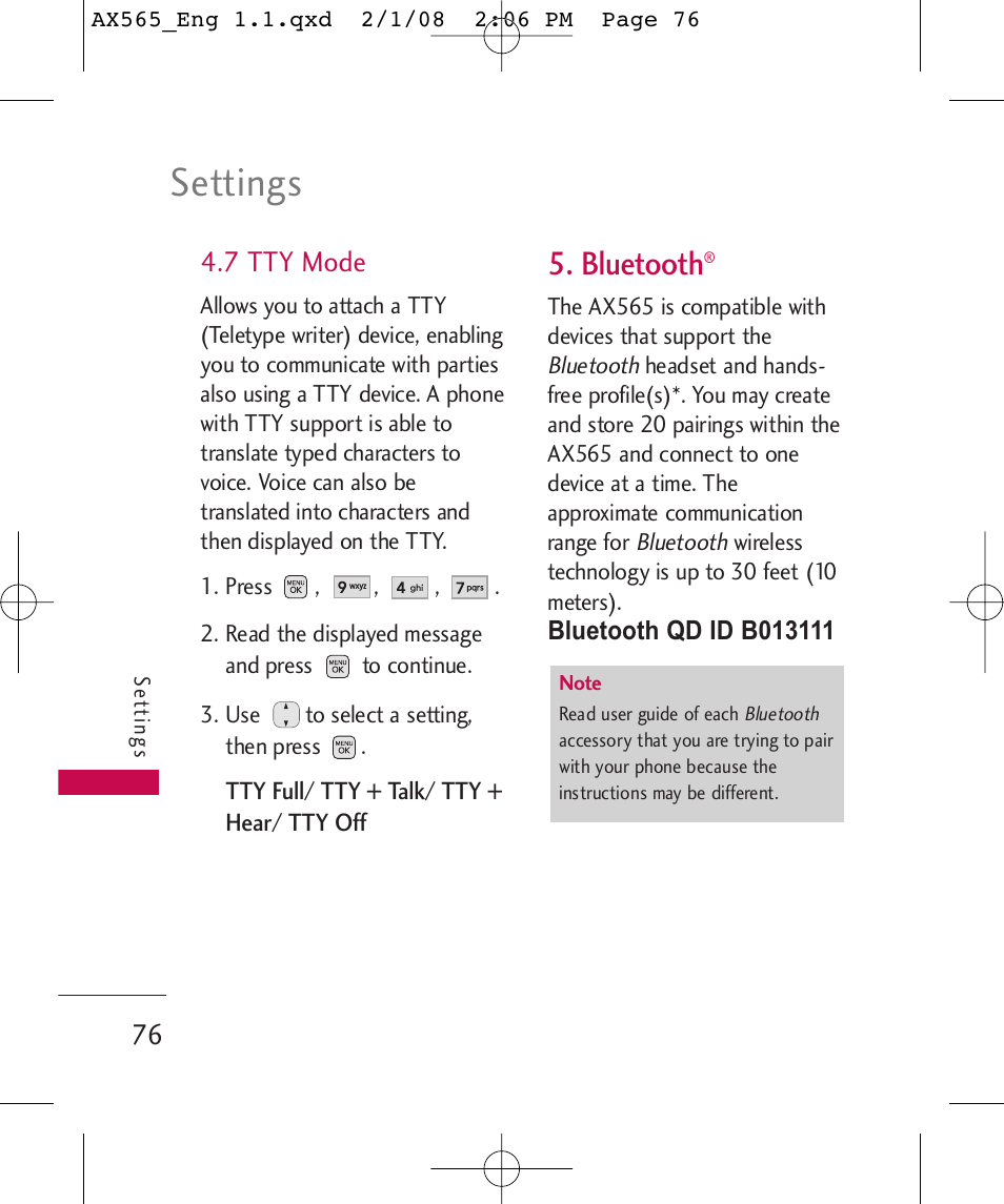 Settings, Bluetooth, 7 tty mode | LG LGAX565 User Manual | Page 76 / 121