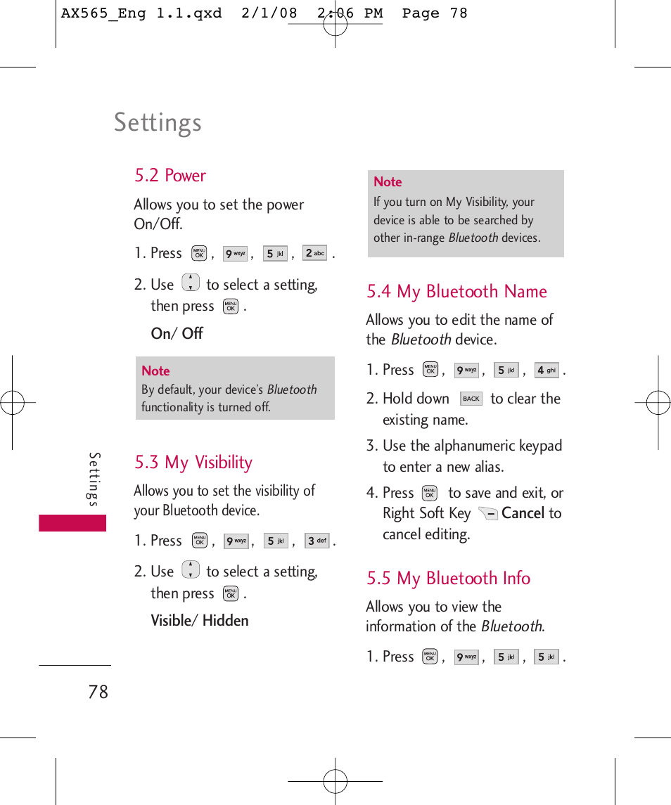 Settings, 2 power, 3 my visibility | 4 my bluetooth name, 5 my bluetooth info | LG LGAX565 User Manual | Page 78 / 121