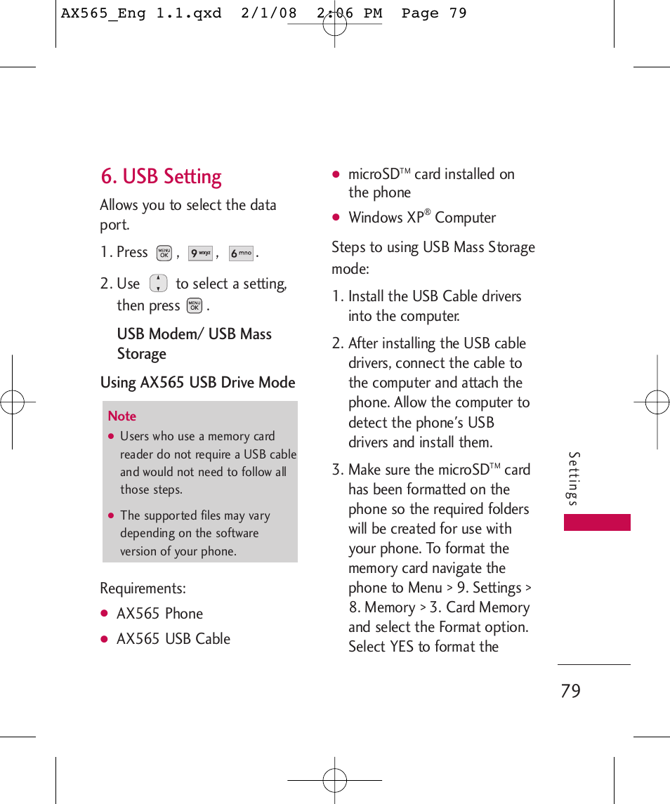 Usb setting | LG LGAX565 User Manual | Page 79 / 121