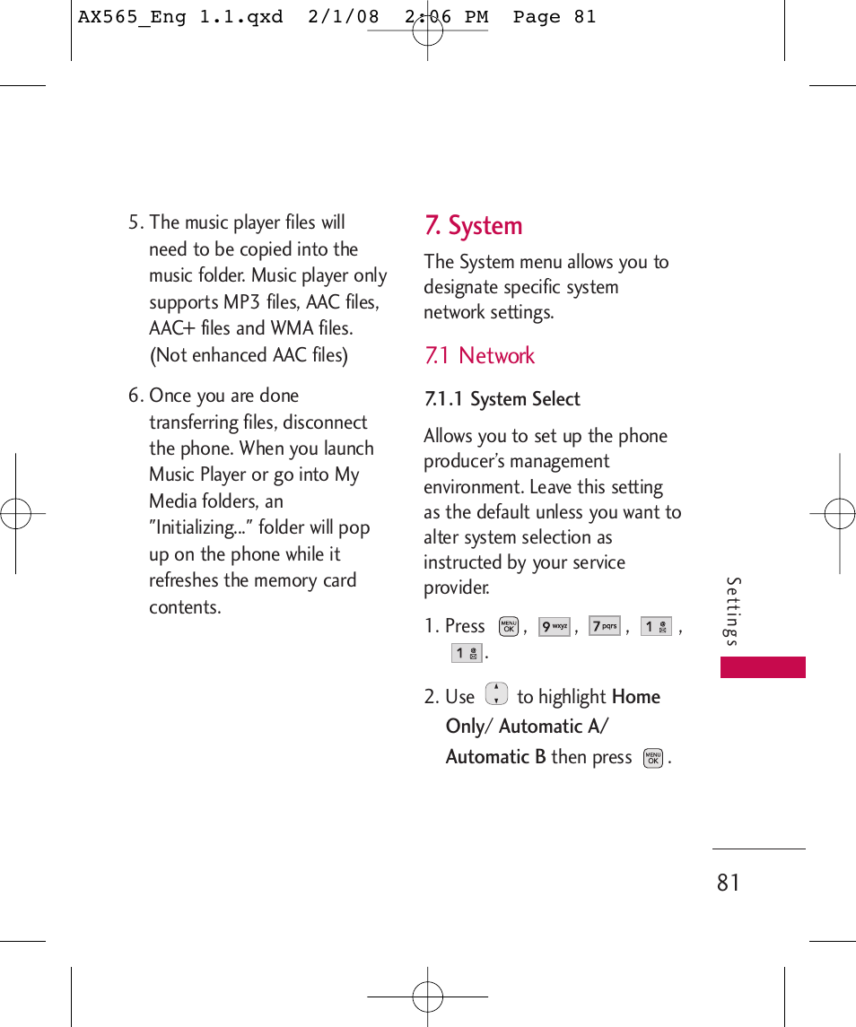 System, 1 network | LG LGAX565 User Manual | Page 81 / 121