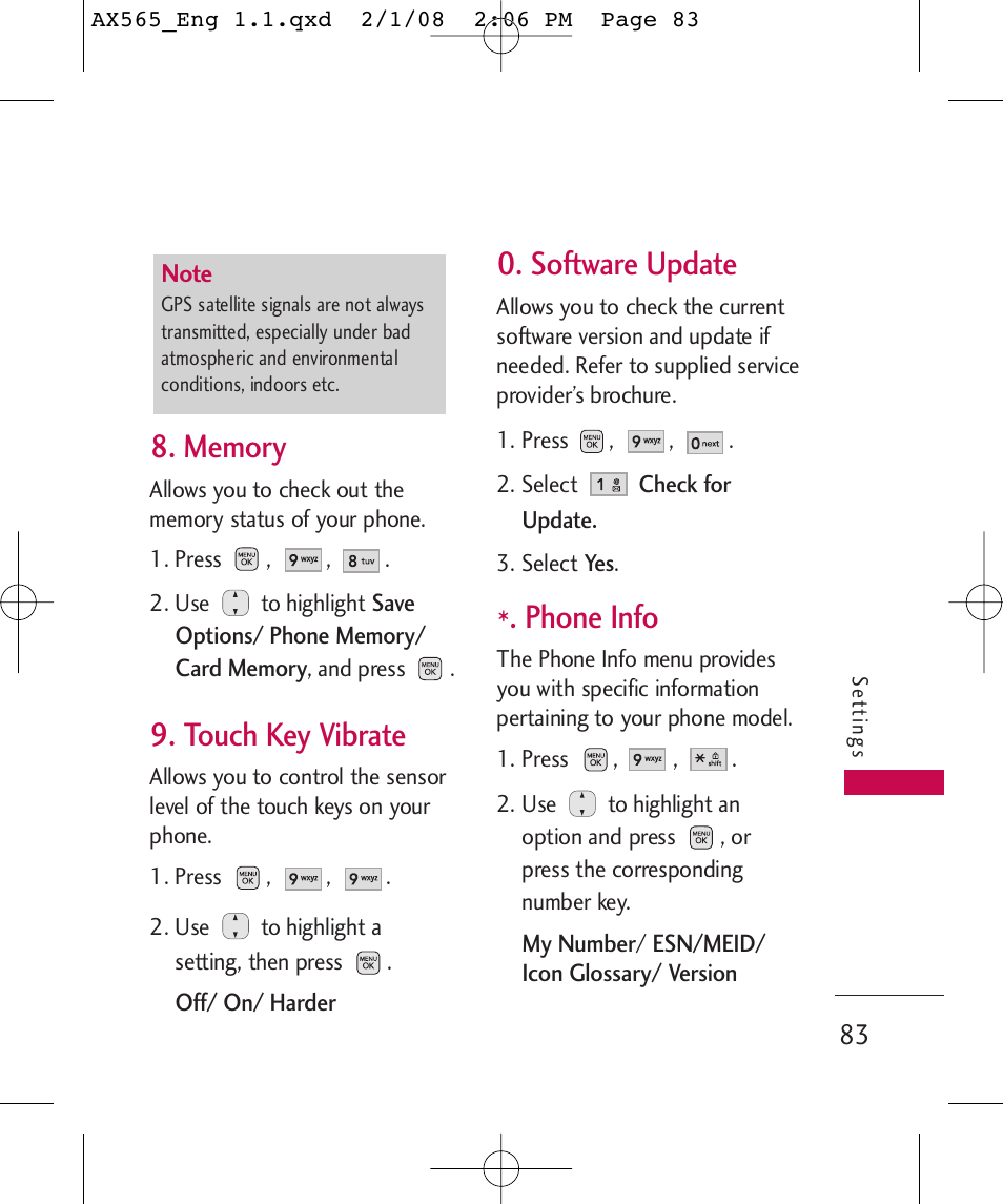 Touch key vibrate, Software update, Phone info | LG LGAX565 User Manual | Page 83 / 121