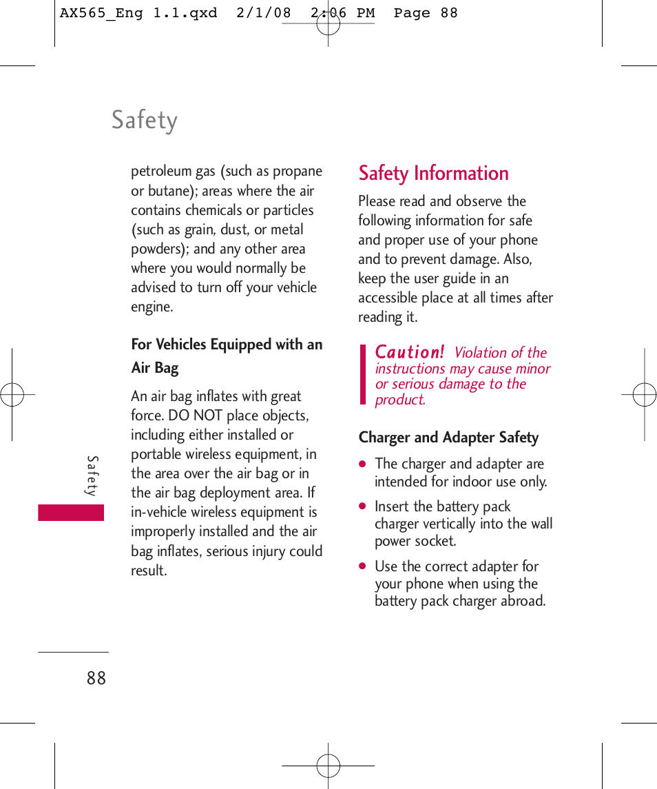 Safety, Safety information, Ccaauuttiioonn | LG LGAX565 User Manual | Page 88 / 121