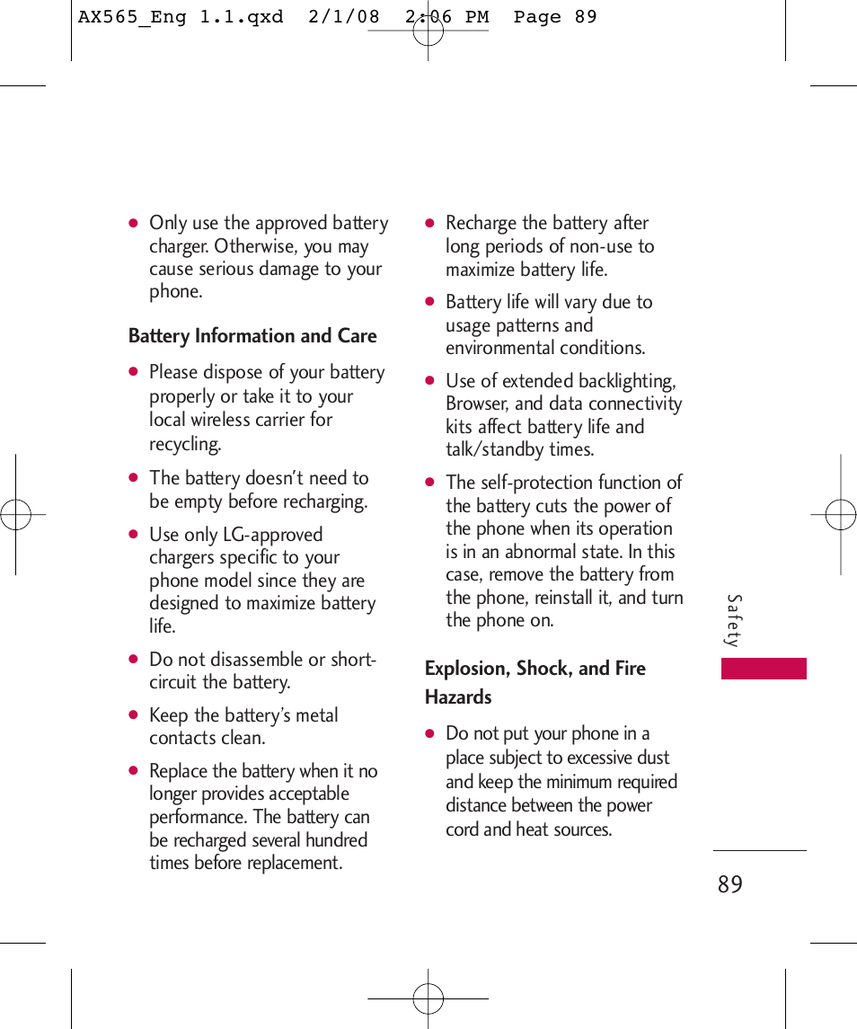 Battery information and care, Explosion, shock, and fire hazards, Do not disassemble or short- circuit the battery | Keep the battery’s metal contacts clean | LG LGAX565 User Manual | Page 89 / 121