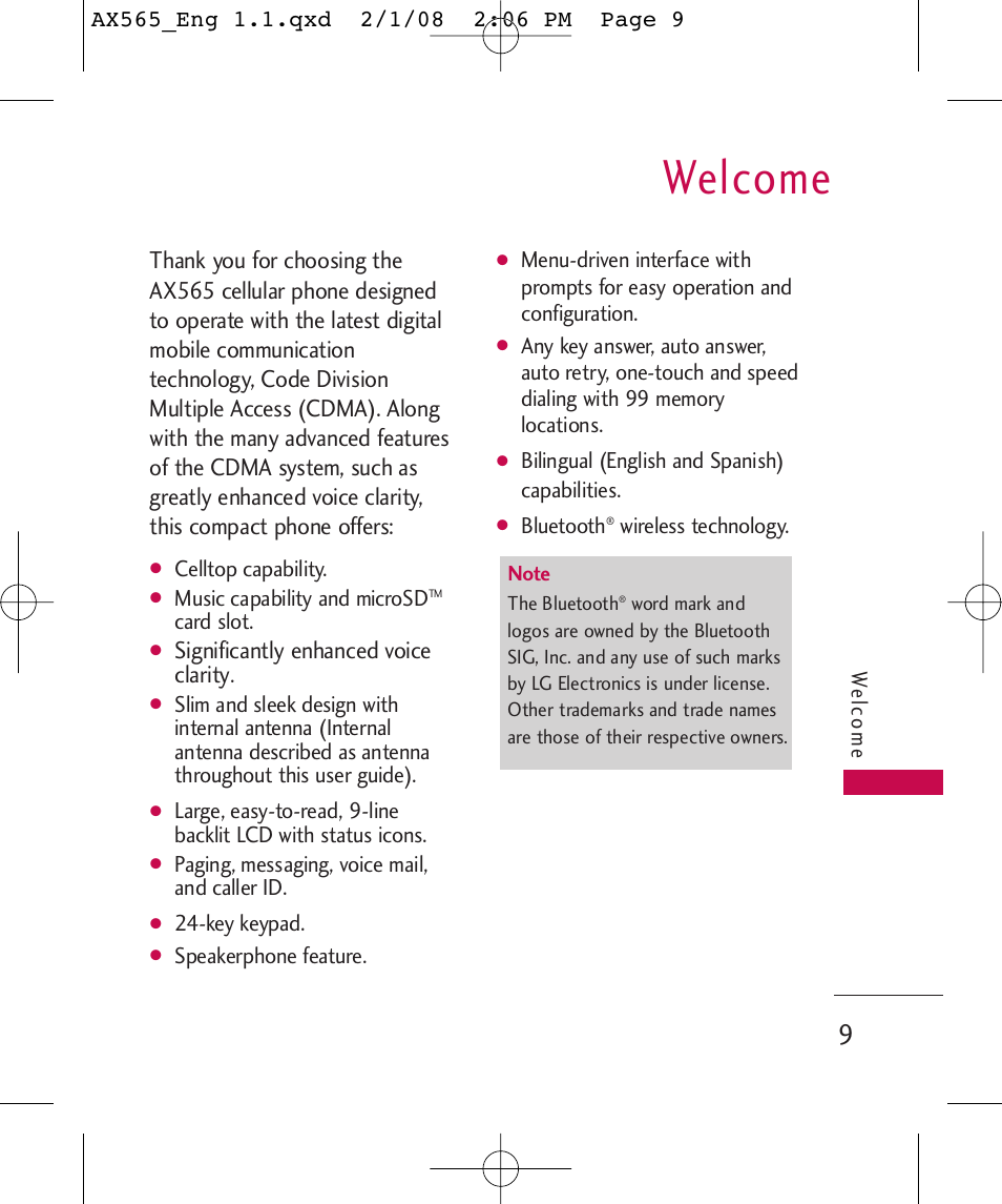 Welcome, Significantly enhanced voice clarity | LG LGAX565 User Manual | Page 9 / 121