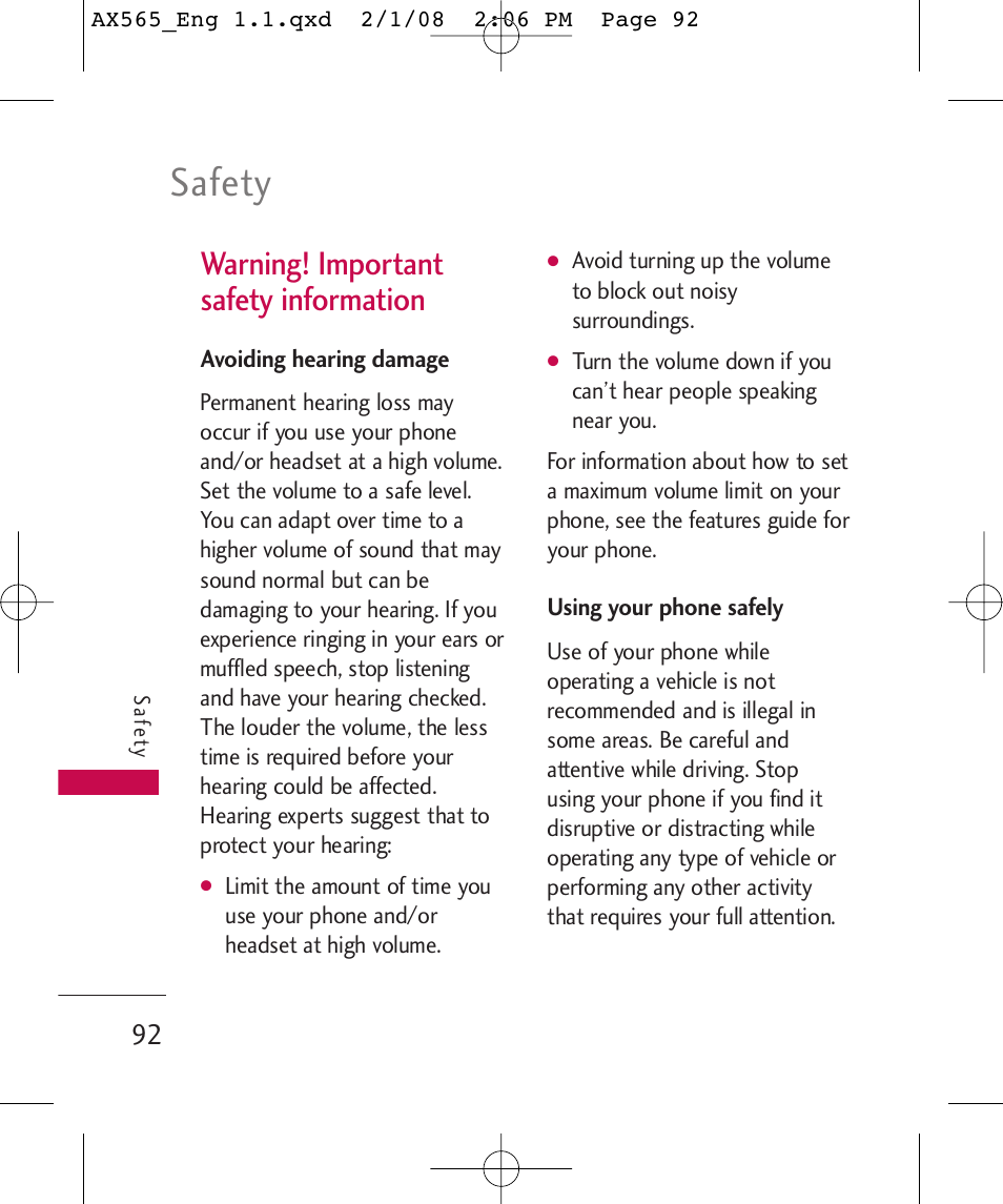 Safety, Warning! important safety information | LG LGAX565 User Manual | Page 92 / 121