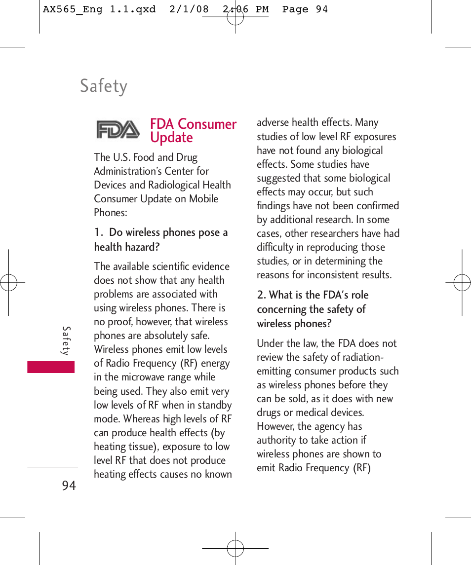 Safety, Fda consumer update | LG LGAX565 User Manual | Page 94 / 121