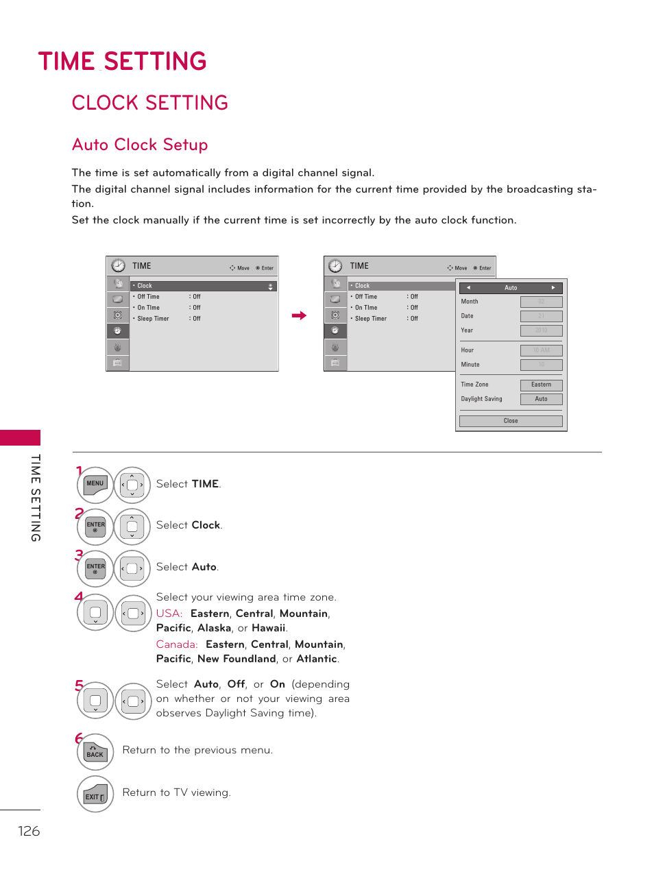 Time setting, Clock setting, Auto clock setup | Tim e s et tin g | LG 42LE7300 User Manual | Page 126 / 172