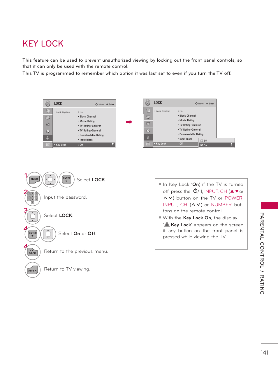 Key lock | LG 42LE7300 User Manual | Page 141 / 172