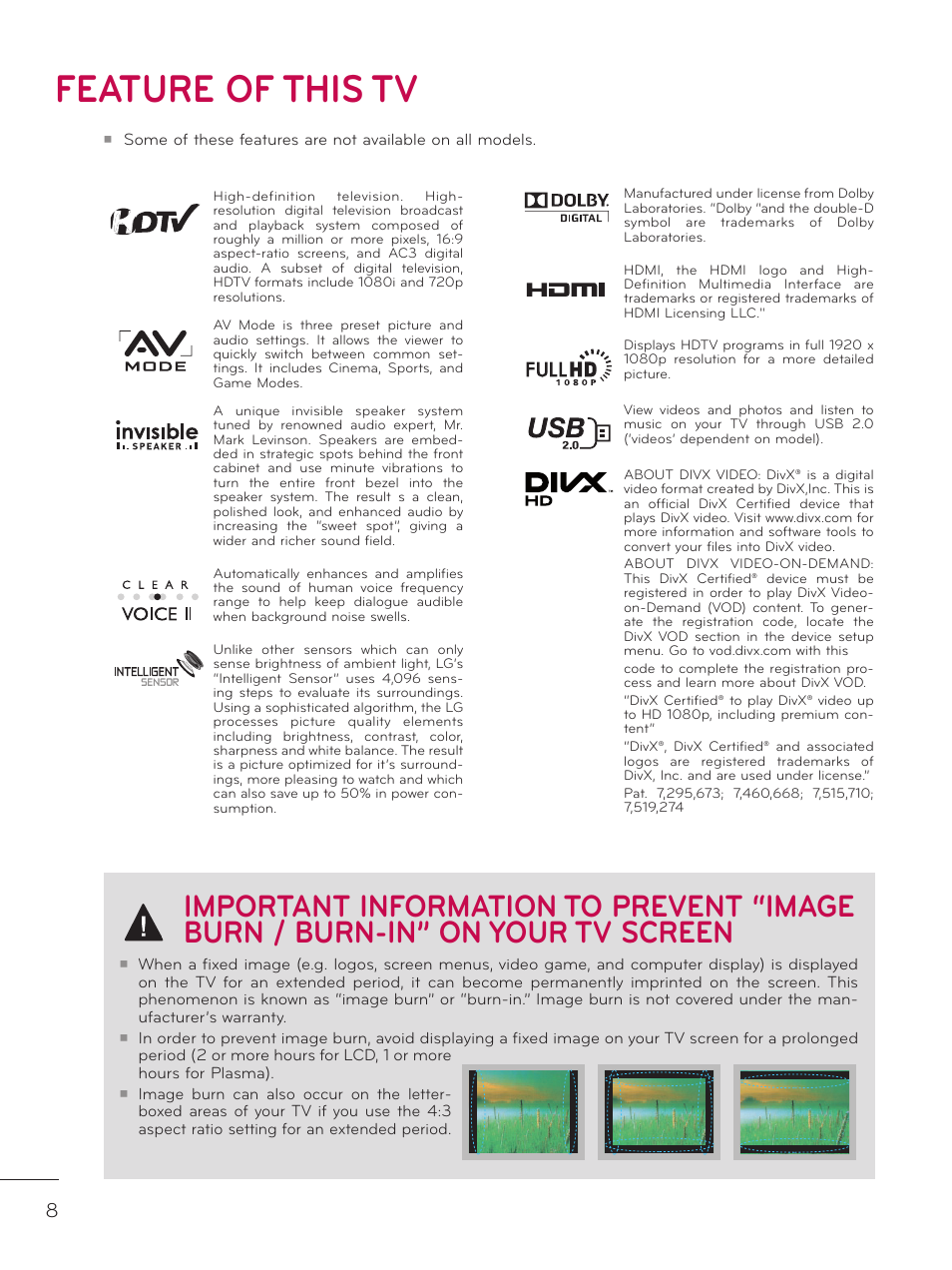 Feature of this tv | LG 42LE7300 User Manual | Page 8 / 172