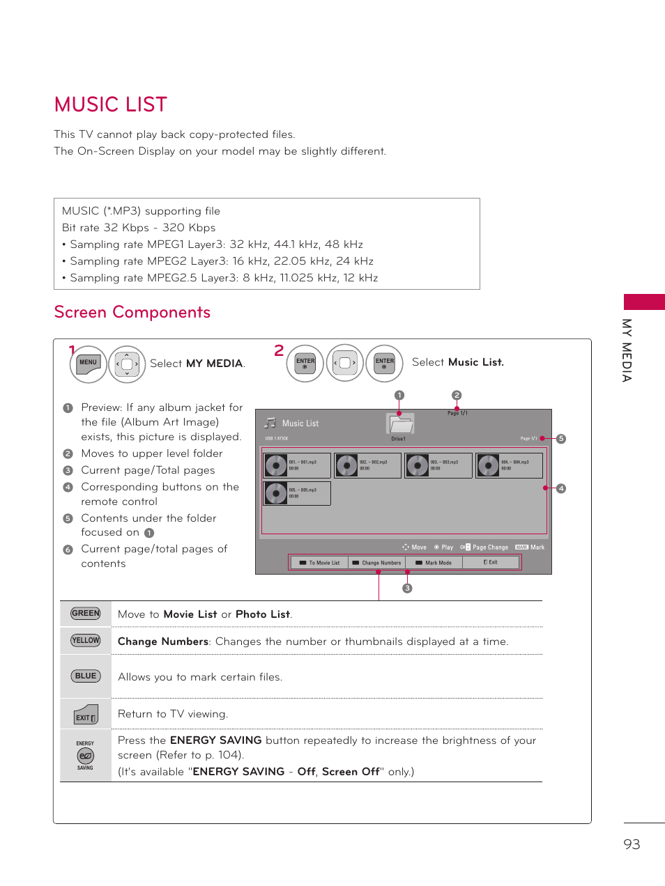 Music list, Screen components, My m ed ia | LG 42LE7300 User Manual | Page 93 / 172