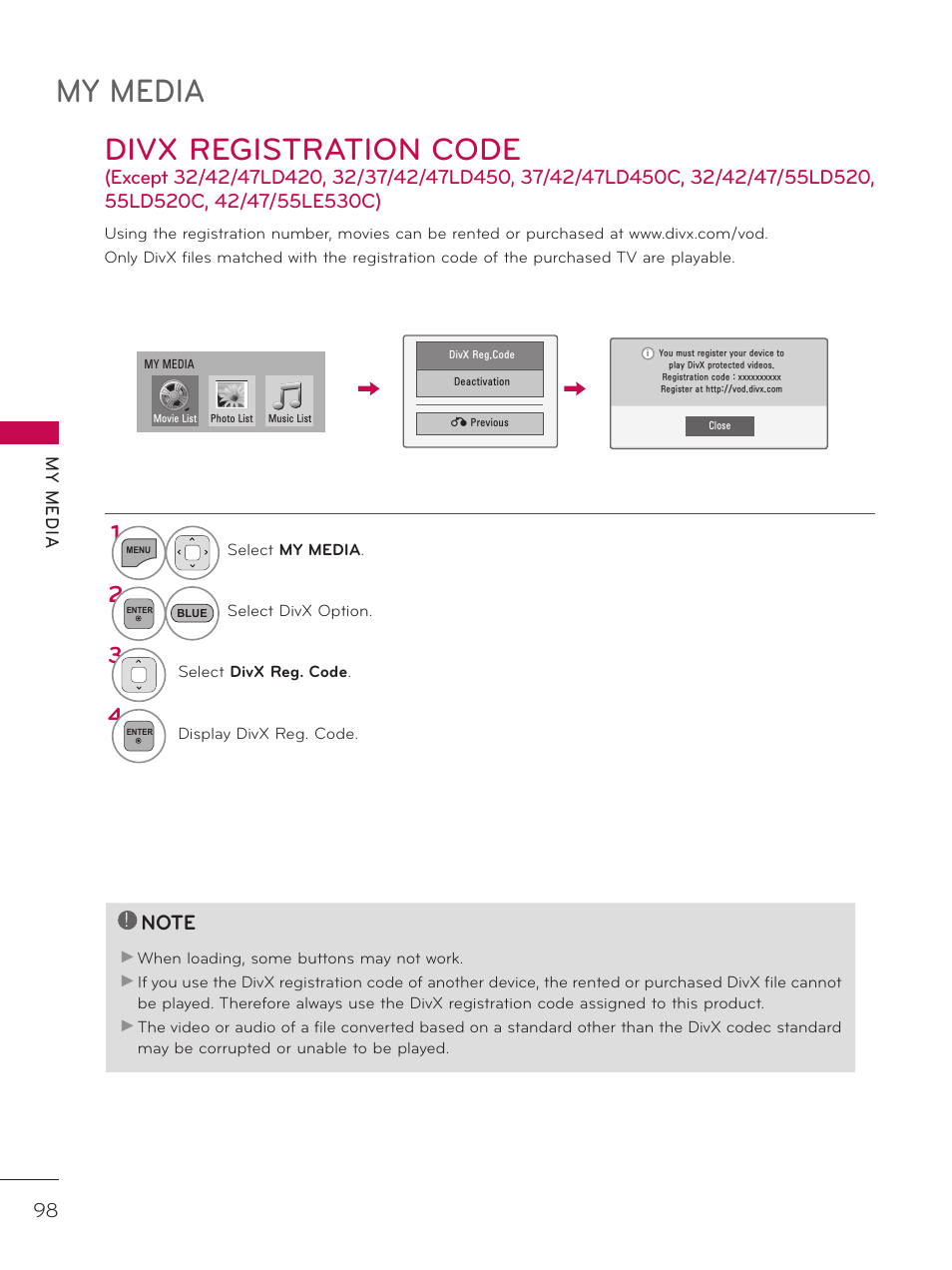 My media, Divx registration code | LG 42LE7300 User Manual | Page 98 / 172