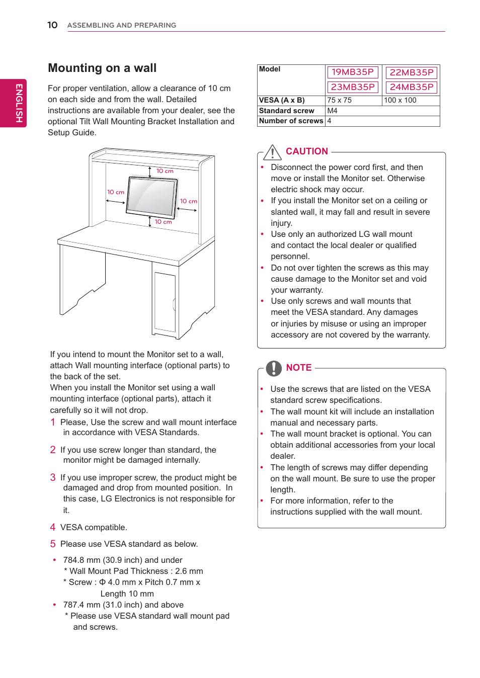 Mounting on a wall | LG 24MB35P-B User Manual | Page 10 / 29