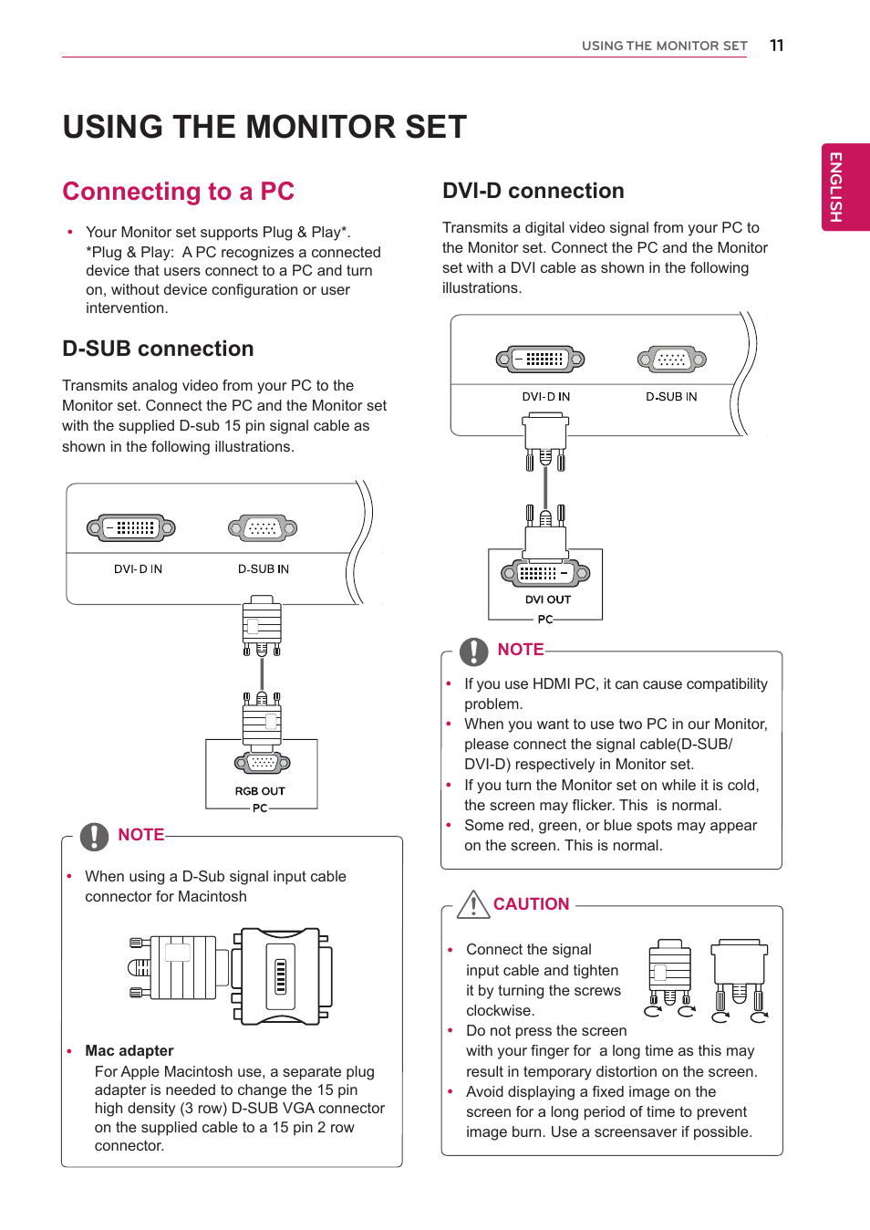 Using the monitor set, Connecting to a pc, D-sub connection | Dvi-d connection | LG 24MB35P-B User Manual | Page 11 / 29