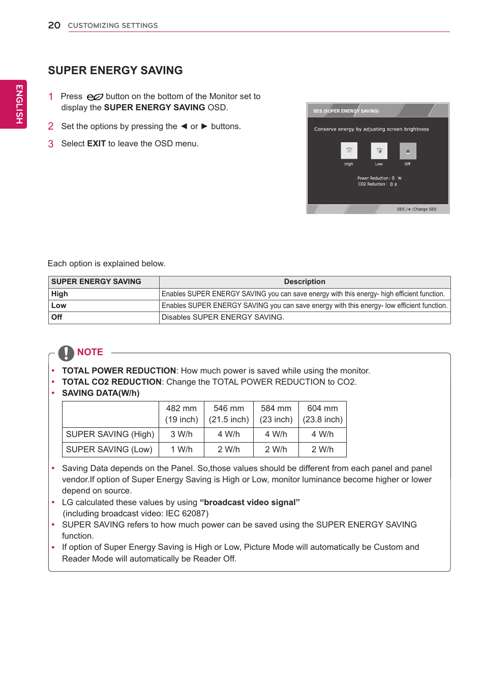 Super energy saving, See p.20 | LG 24MB35P-B User Manual | Page 20 / 29