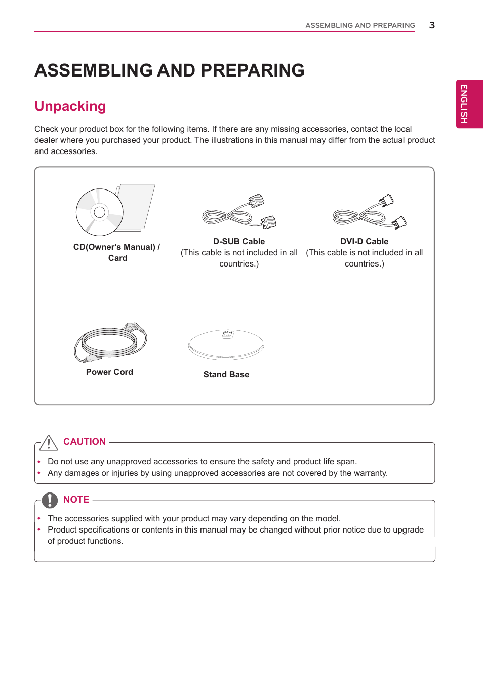 Assembling and preparing, Unpacking, Assembling and prepar | LG 24MB35P-B User Manual | Page 3 / 29
