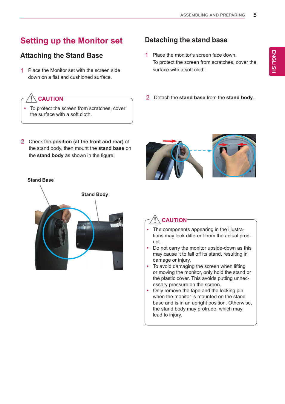 Setting up the monitor set, Attaching the stand base, Detaching the stand base | LG 24MB35P-B User Manual | Page 5 / 29