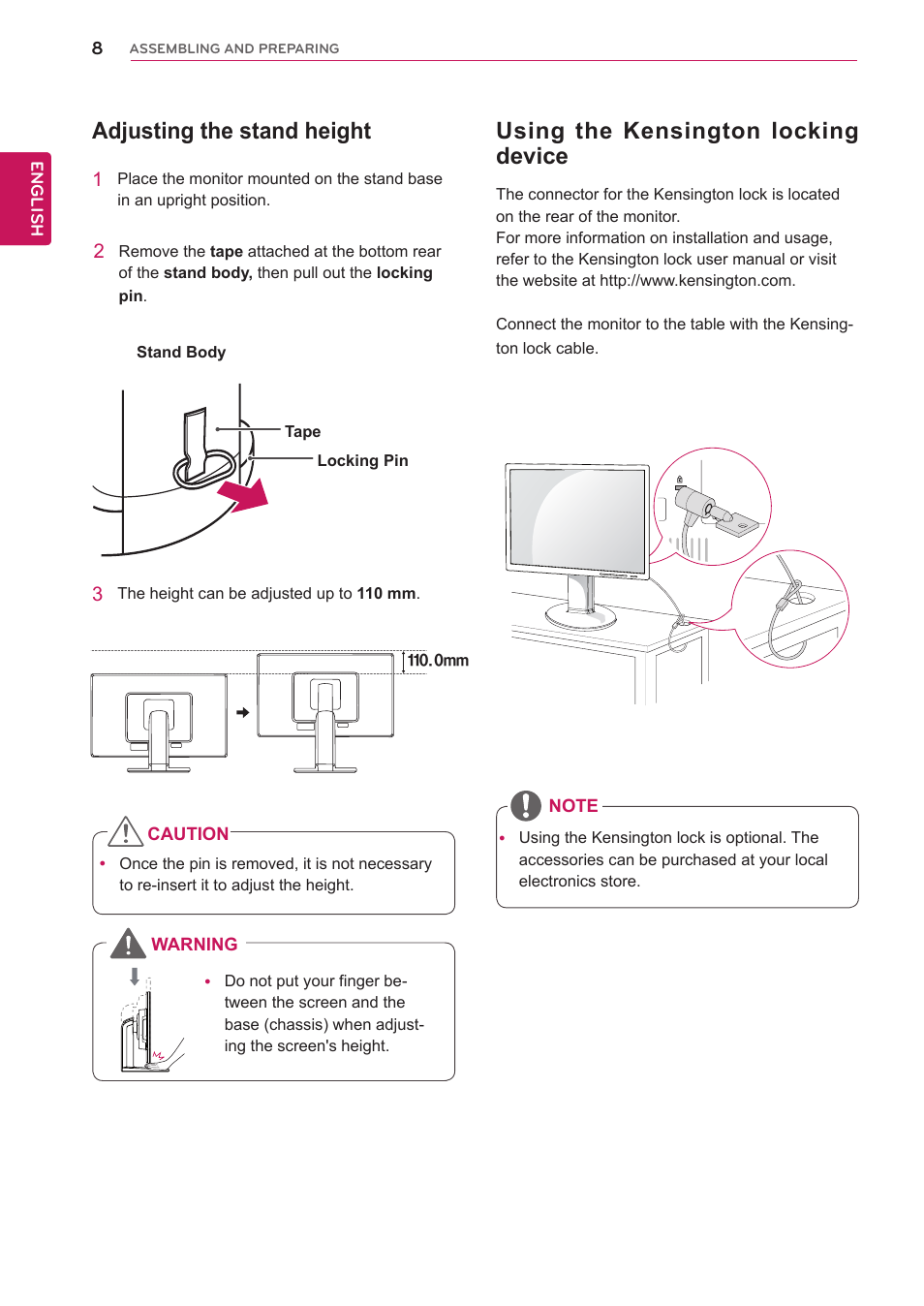 Adjusting the stand height, Using the kensington locking device | LG 24MB35P-B User Manual | Page 8 / 29