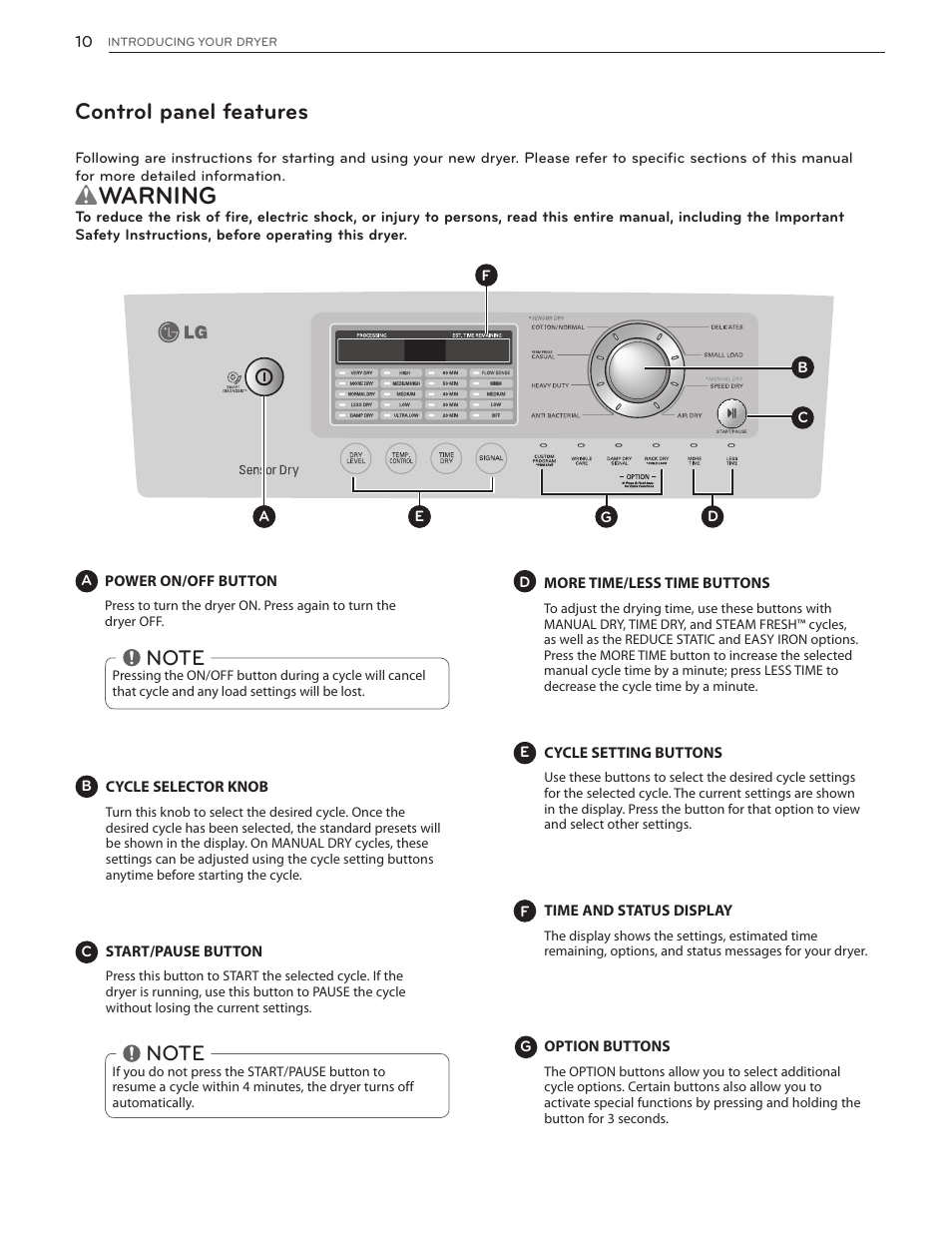 Wwarning, Control panel features | LG DLG4902W User Manual | Page 10 / 80