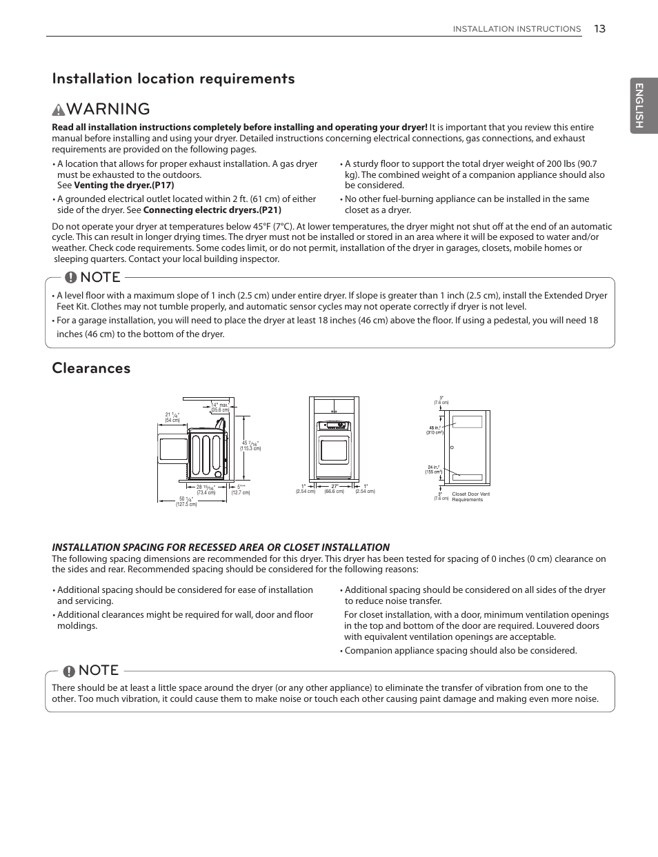 Warning, Installation location requirements, Clearances | LG DLG4902W User Manual | Page 13 / 80