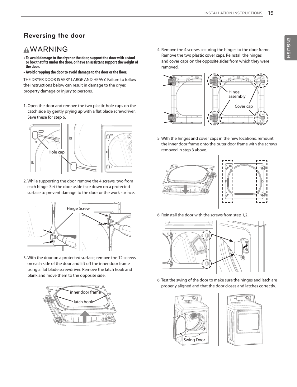 Warning, Reversing the door | LG DLG4902W User Manual | Page 15 / 80