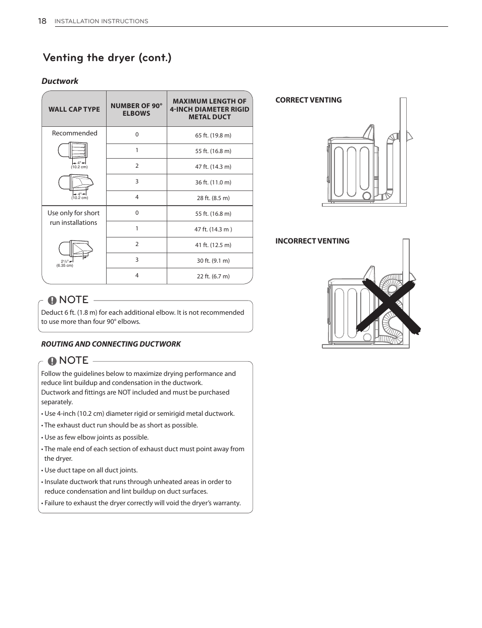 Venting the dryer (cont.), Ductwork | LG DLG4902W User Manual | Page 18 / 80