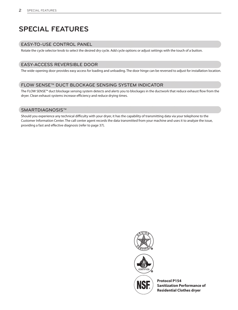 Special features, Easy-to-use control panel, Easy-access reversible door | Flow sense™ duct blockage sensing system indicator, Smartdiagnosis | LG DLG4902W User Manual | Page 2 / 80