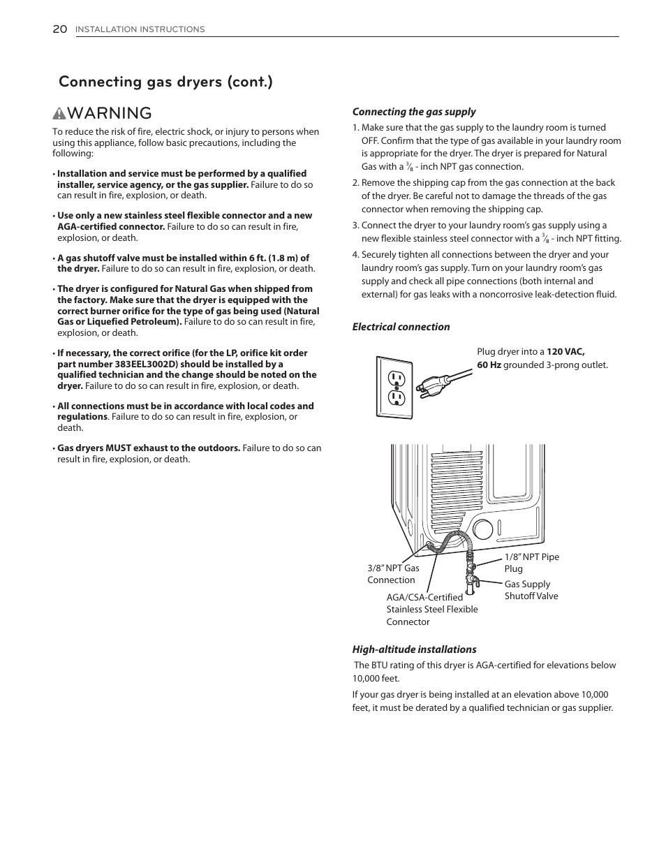 Warning, Connecting gas dryers (cont.) | LG DLG4902W User Manual | Page 20 / 80