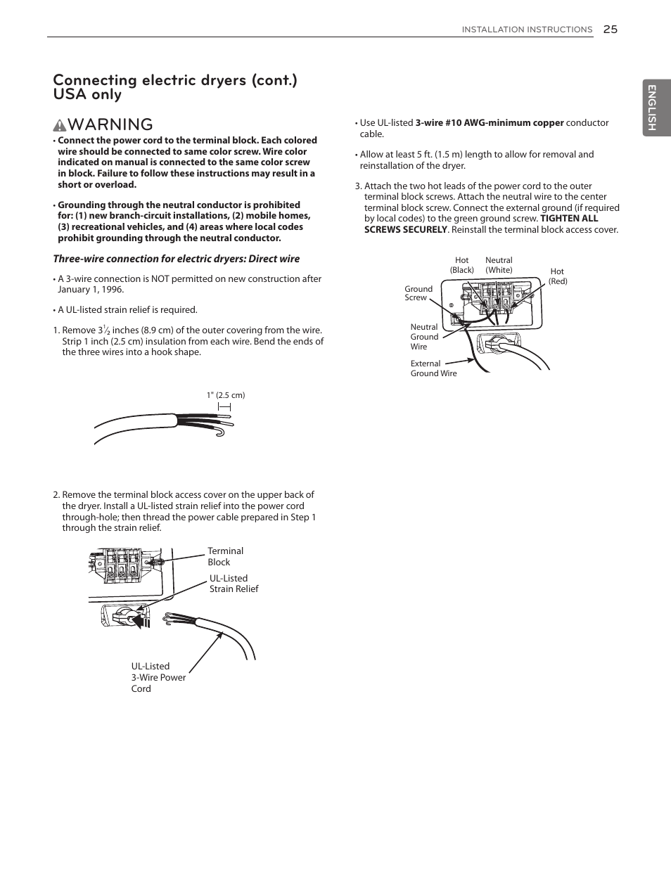 Warning, Connecting electric dryers (cont.) usa only | LG DLG4902W User Manual | Page 25 / 80