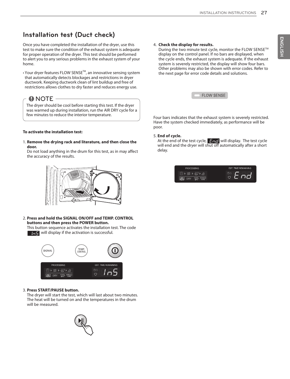 Installation test (duct check) | LG DLG4902W User Manual | Page 27 / 80