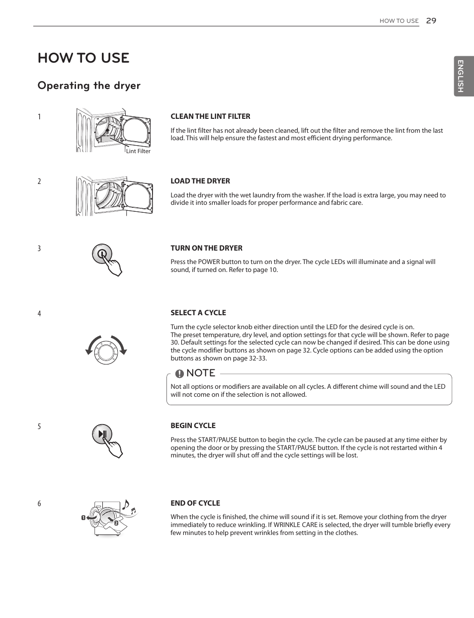 How to use, Operating the dryer | LG DLG4902W User Manual | Page 29 / 80