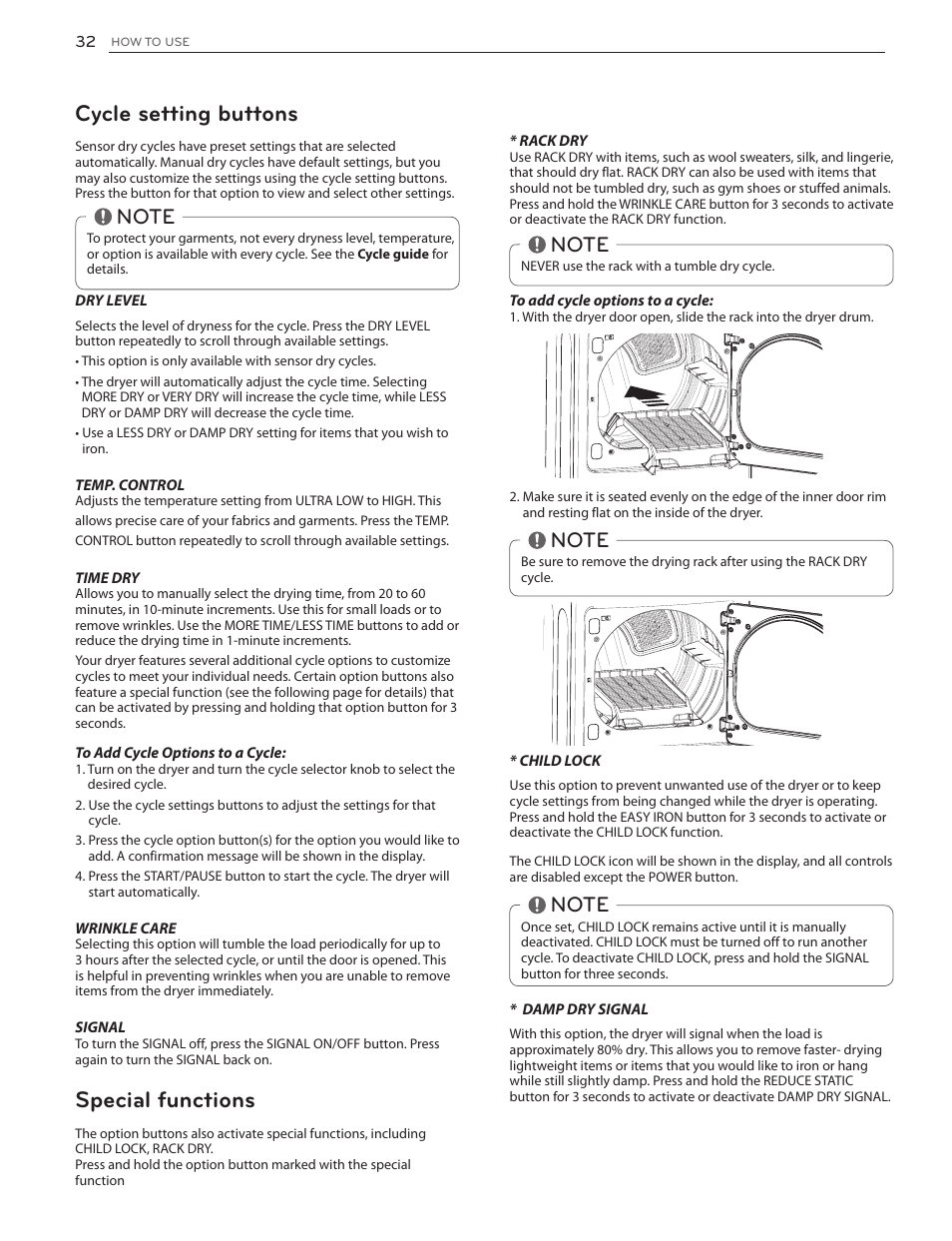 Cycle setting buttons, Special functions | LG DLG4902W User Manual | Page 32 / 80