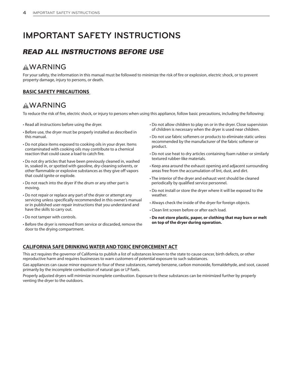 Important safety instructions, Warning, Read all instructions before use | LG DLG4902W User Manual | Page 4 / 80