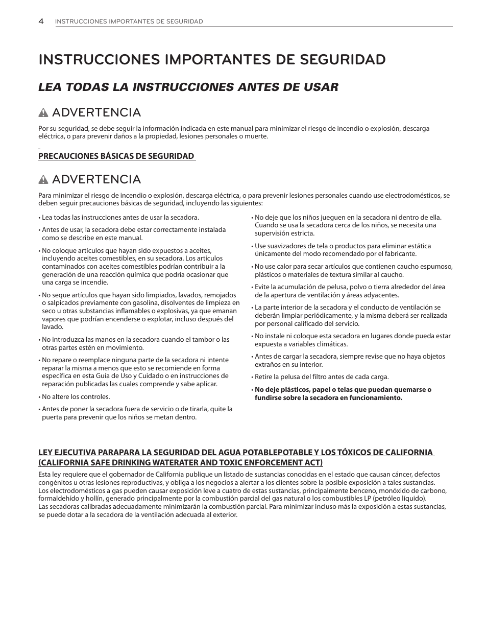 Instrucciones importantes de seguridad, Advertencia, Lea todas la instrucciones antes de usar | LG DLG4902W User Manual | Page 42 / 80