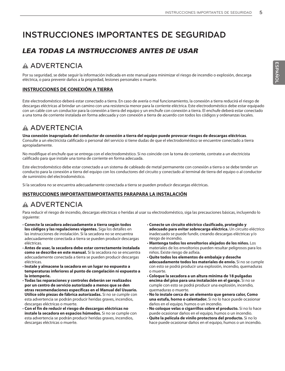 Instrucciones importantes de seguridad, Advertencia, Lea todas la instrucciones antes de usar | LG DLG4902W User Manual | Page 43 / 80